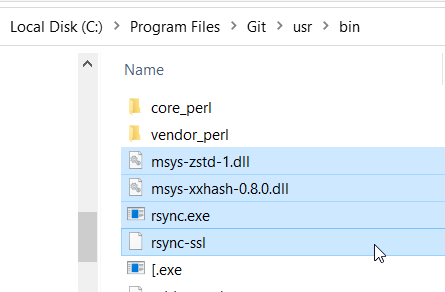The four files placed in the usr\bin folder of Git