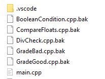 A  project folder with .cpp.bak files