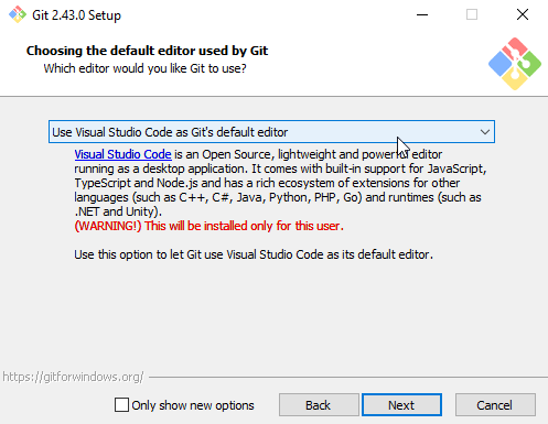 Configure the default editor for git to be VS Code