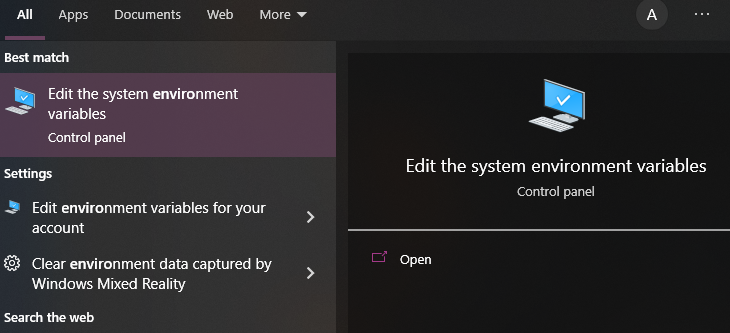 Search for the Windows environment-variable settings