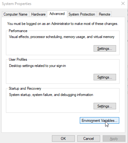 Open Environment Variables from System Properties